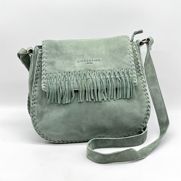 LIEBESKIND BERLIN Lennja Laced Saddle Crossbody Bag Green Suede Fringe Womens - Picture 1 of 14
